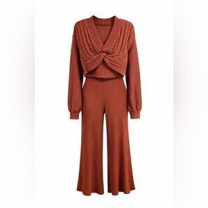 Free People Knit Set Rust Cable Sweater Wide Leg Pants Size L